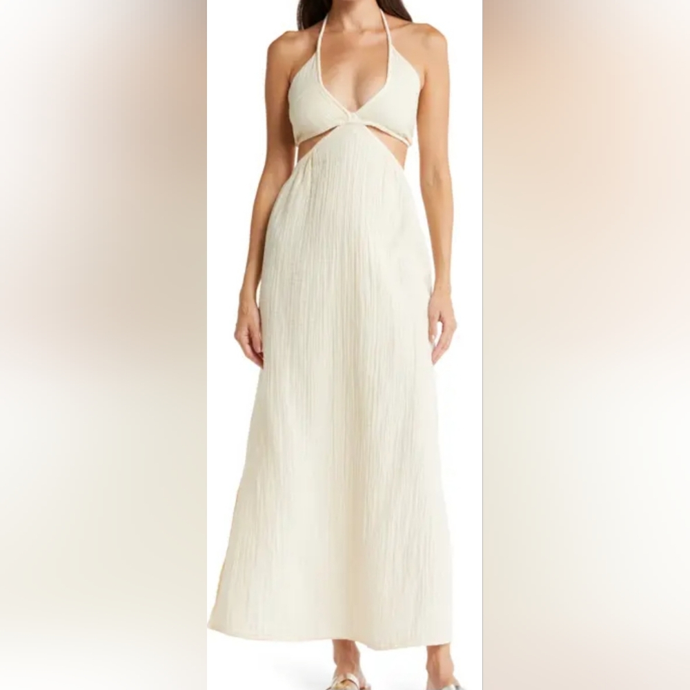 Elan NWT cutout, halter, 100% cotton, cover-up maxi dress in ivory - Size XL